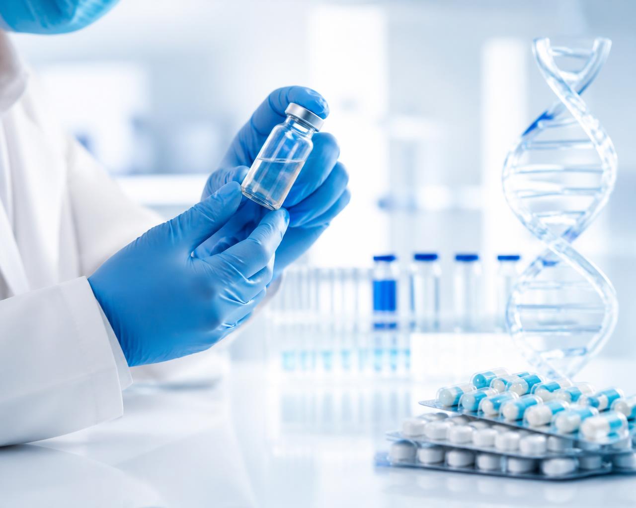 Pharmaceutical researcher inspecting a vial in a clean laboratory